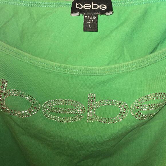 Vintage Bebe Off-the-Shoulder Green Top with Rhinestone Logo - Picture 3 of 4